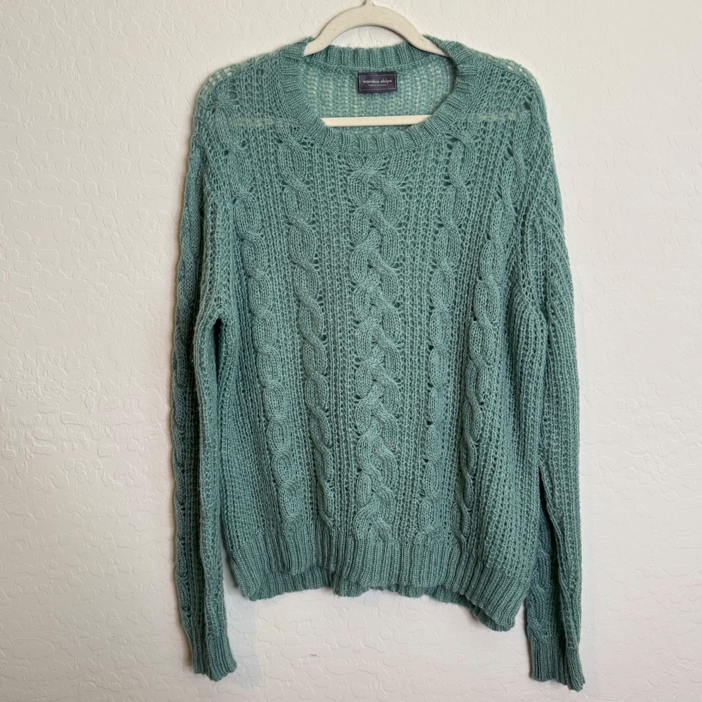 Wooden Ships Womens Mohair Wool Sweater S/M Green Cable Open Knit Beachy Airy